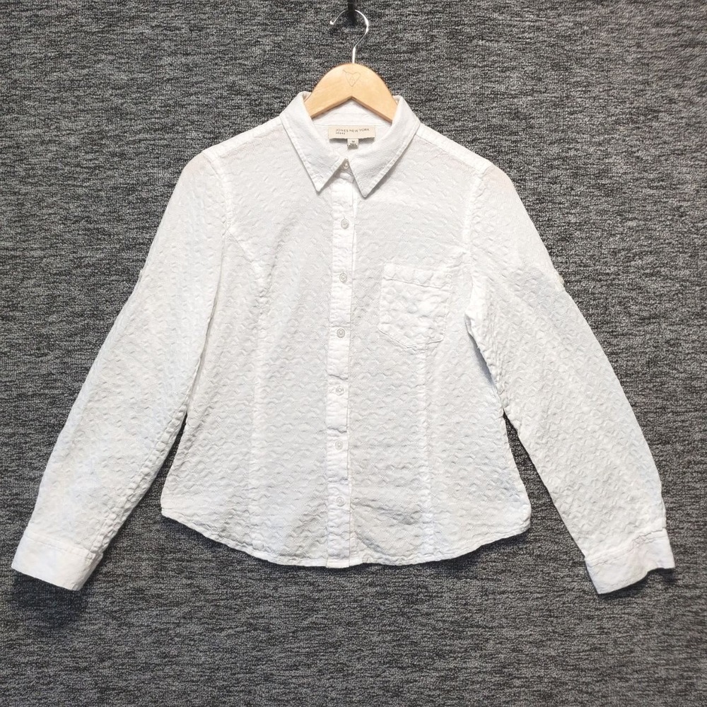 Jones New York Eyelet Boho Button Down Shirt Women Medium White Cotton‎ Coastal